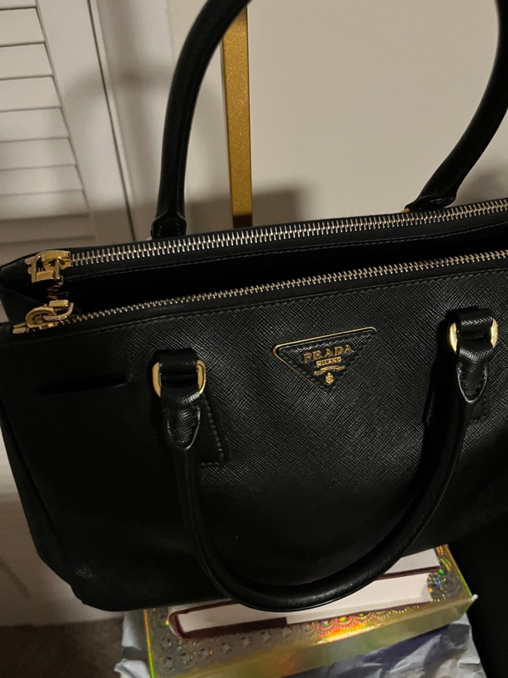 Prada Black Saffiano Leather Structured Satchel with Gold Hardware - Picture 7 of 11